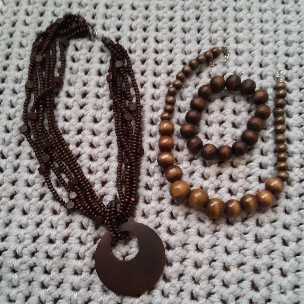 Bundle - brown wood beaded necklaces and bracelet
